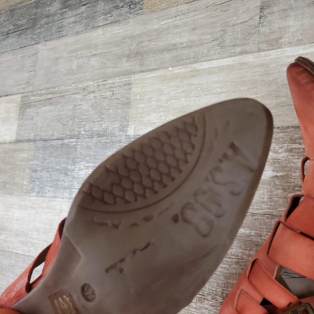 AS98‎ Evie Booties Orange Suede Strappy Cut Out Block Heel Sz 6.5 - 7 EU 37 NWOB